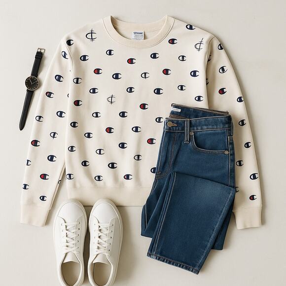 Champion Reverse Weave Logo Sweatshirt Cream Cotton Crewneck XL - Picture 2 of 12